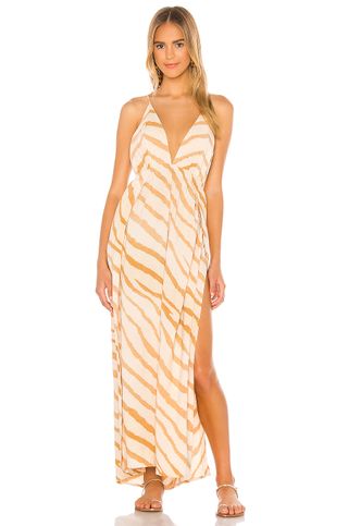 Indah + River Triangle Plunge Wrap Skirt Maxi Dress in Golden Zebra