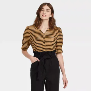 Who What Wear + Striped Puff Elbow Sleeve Henley