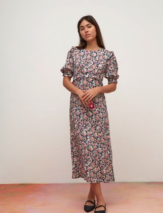 Nobody's Child + Lenzing Ecovero Pink and Blue Floral Felicia Frill Midi Dress
