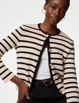 M&S Collection + Cotton Rich Striped Crew Neck Cardigan