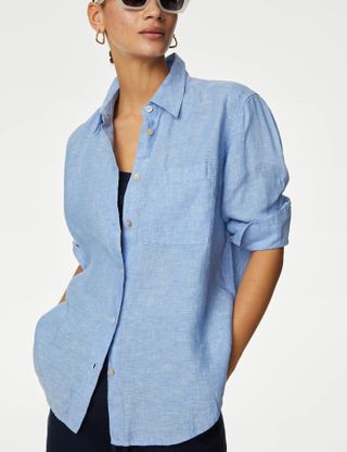 M&S Collection + Pure Linen Striped Collared Relaxed Shirt