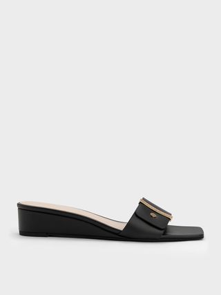 Charles & Keith + Black Metallic Accent Square-Toe Wedges