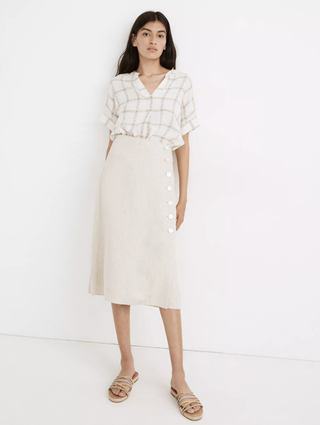 Madewell + Undyed Linen-Blend Side-Button Midi Skirt