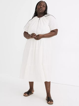 Madewell + Bubble-Sleeve Tiered Midi Dress