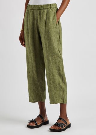Eileen Fisher + Green Wide-Leg Cropped Linen Trousers
