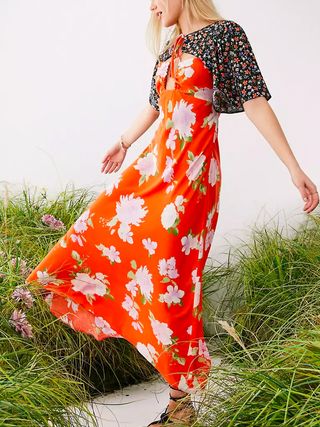 ASOS Design + Cut Out Floral Print Maxi Tea Dress in Red