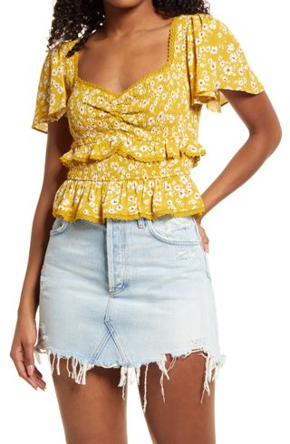 Astr the Label + Floral Smock Waist Ruffle Top