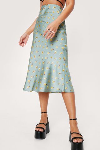 Nasty Gal + Floral Print Satin Bias Cut Midi Skirt