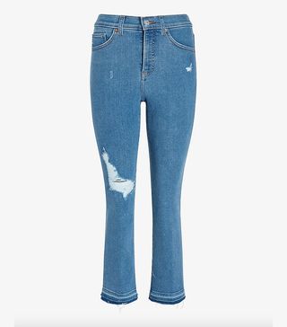 Express + High Waisted Ripped Raw Released Hem Cropped Flare Jeans