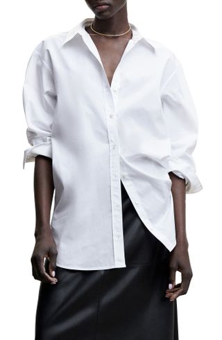 Mango + Oversize Long Sleeve Cotton Button-Up Shirt