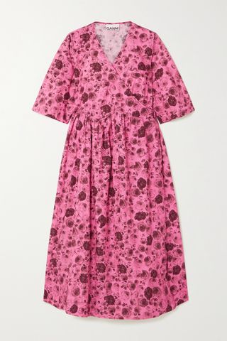 Ganni + Floral-Print Organic Cotton-Poplin Wrap Dress