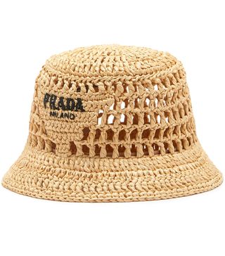 Prada + Logo-Embroidered Faux-Raffia Bucket Hat