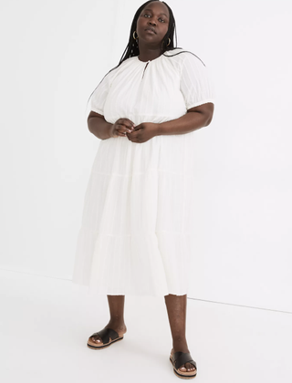 Madewell + Bubble-Sleeve Tiered Midi Dress