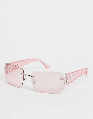 ASOS Design + Rimless Square Sunglasses With Embellished Temple Detail in Pink