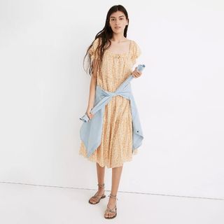 Madewell + Square-Neck Tiered Midi Dress in Sunflower Field
