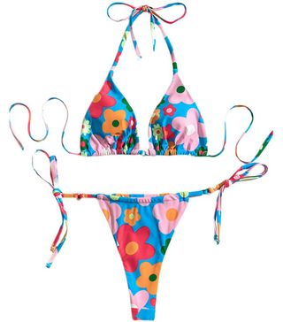 Romwe + Allover Floral Print String Triangle Halter 2 Piece Bikini Swimsuit Beachwear