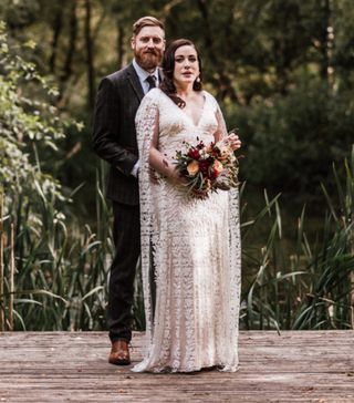 Tadashi Shoji + Lace Wedding Dress and Cape