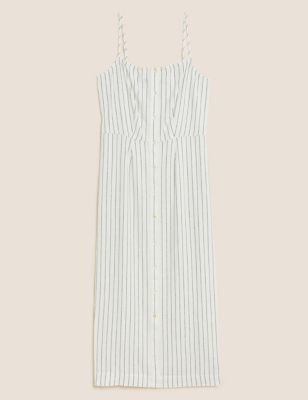 M&S Collection + Linen Blend Striped Square Neck Midi Dress