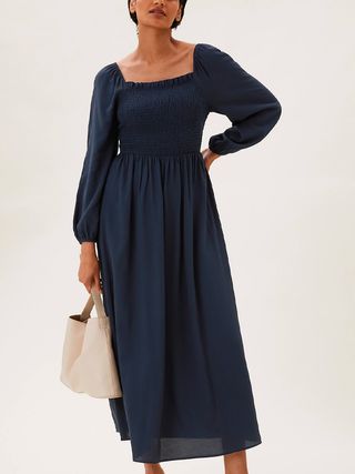 M&S Collection + Square Neck Shirred Midaxi Smock Dress