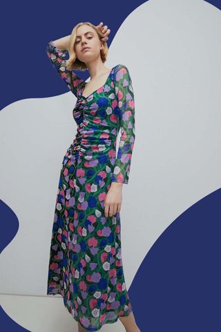 Warehouse + WH x Rose England Spliced Floral Midi Mesh Dress