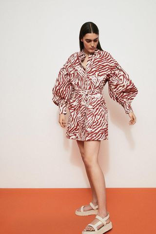 Warehouse + Twill Printed Lip Shoulder Mini Shirt Dress