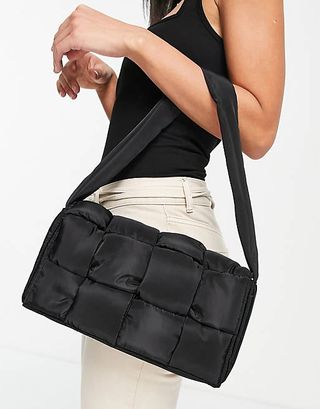 ASOS + Shoulder Bag in Black Nylon Puffed Weave