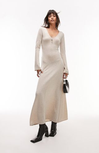 Topshop + Long Sleeve V-Neck Maxi Dress