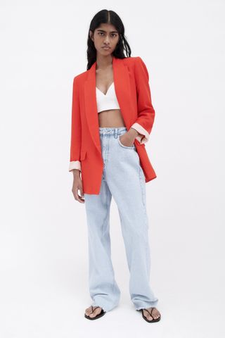 Zara + Printed Linen Blend Cuffed Blazer