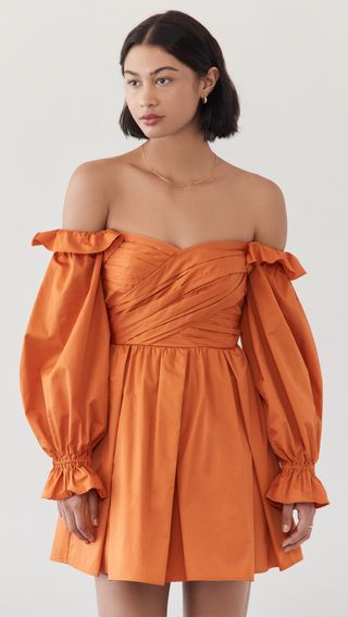 Self-Portrait + Burnt Orange Off Shoulder Mini Dress