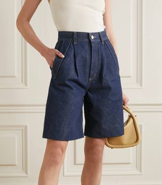 Goldsign + The Pieced Pocket Pleated Denim Shorts