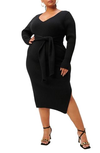 Good American + Long Sleeve Belted Body-Con Dress