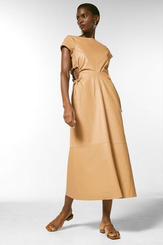 Karen Millen + Leather Ruched Side Detail Midi Dress