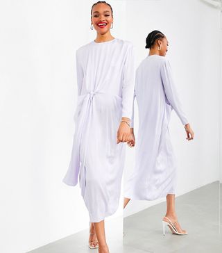 ASOS Edition + Drape Front Crinkle Satin Midi Dress in Washed Lilac