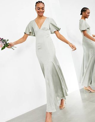 ASOS Edition + Satin Maxi Dress With Flutter Sleeve in Sage Green