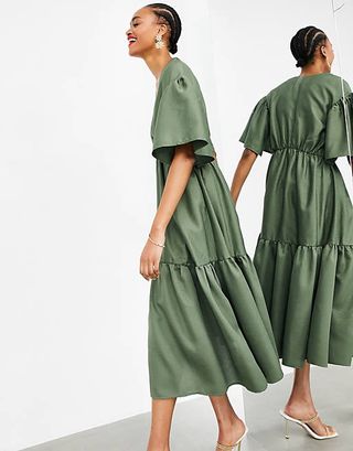 ASOS Edition + Wrap Tiered Textured Midi Dress in Olive Green