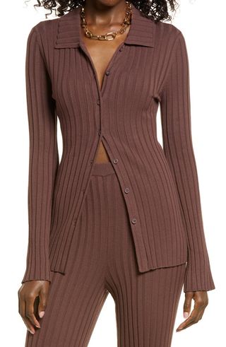 Open Edit + Ribbed Button-Up Cardigan