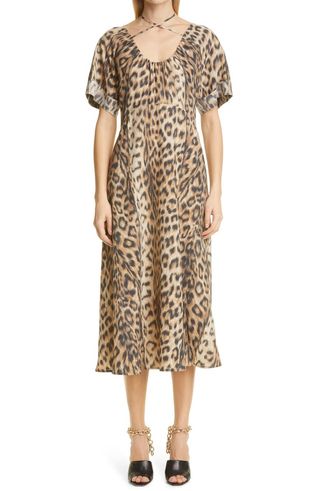 Victoria Beckham + Leopard Tie Neck Midi Dress