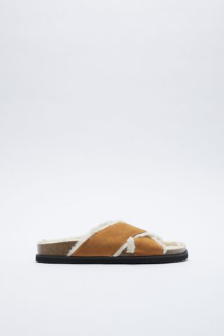Zara + Faux Fur Lined Flat Leather Sandals
