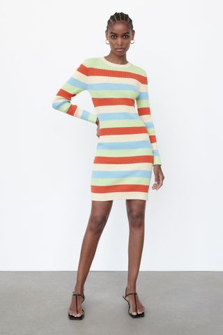 Zara + Ribbed Knit Dress With Stripes