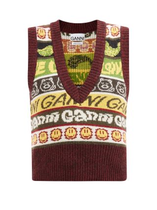 Ganni + Logo-Stripe Sleeveless Recycled Wool-Blend Sweater