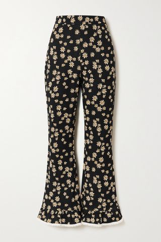 Miu Miu + Black Lace-Trimmed Jacquard Trousers