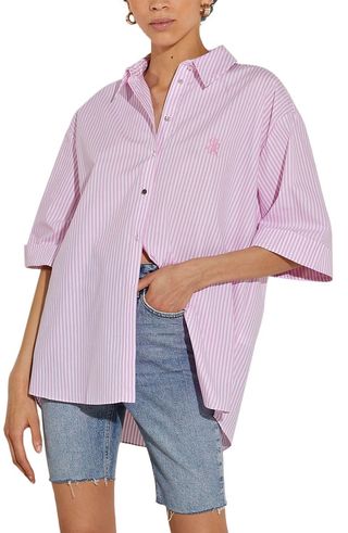 River Island + Stripe Oversize Short Sleeve Snap-Up Shirt