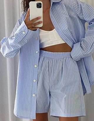 Safrisior + Women’s 2 Piece Casual Tracksuit Outfit Sets Stripe Long Sleeve Shirt and Loose High Waisted Mini Shorts Set