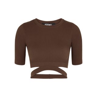 Andrea Adamo + Brown Cut-Out Cropped Ribbed Top