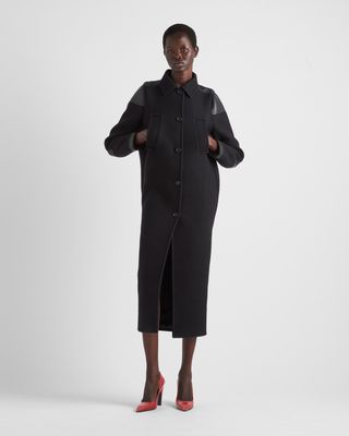 Prada + Single-Breasted Cloth and Leather Coat