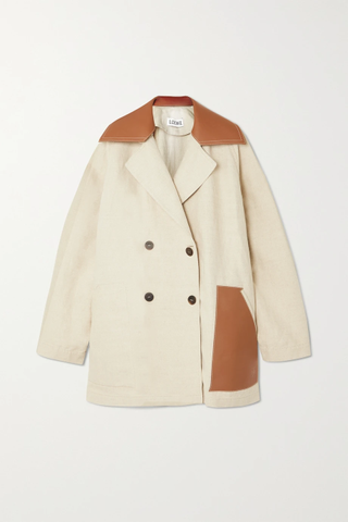 Loewe + Double-Breasted Leather-Trimmed Cotton and Linen-Blend Coat