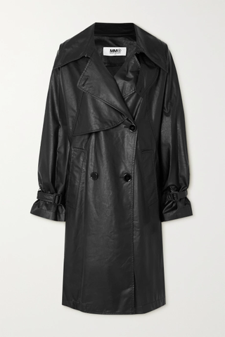 MM6 Maison Margiela + Double-Breasted Faux Leather Trench Coat