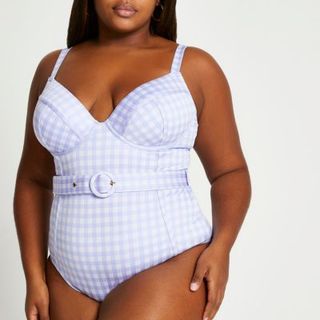 River Island + Purple Gingham Belted Swimsuit
