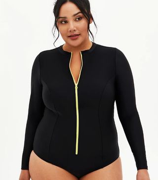 Torrid + Black Long Sleeve One-Piece Active Swimsuit