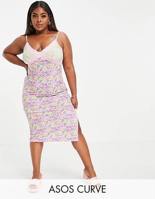 ASOS Design + Curve Strappy Lace Trim Midi Slip Dress in Mix and Match Floral